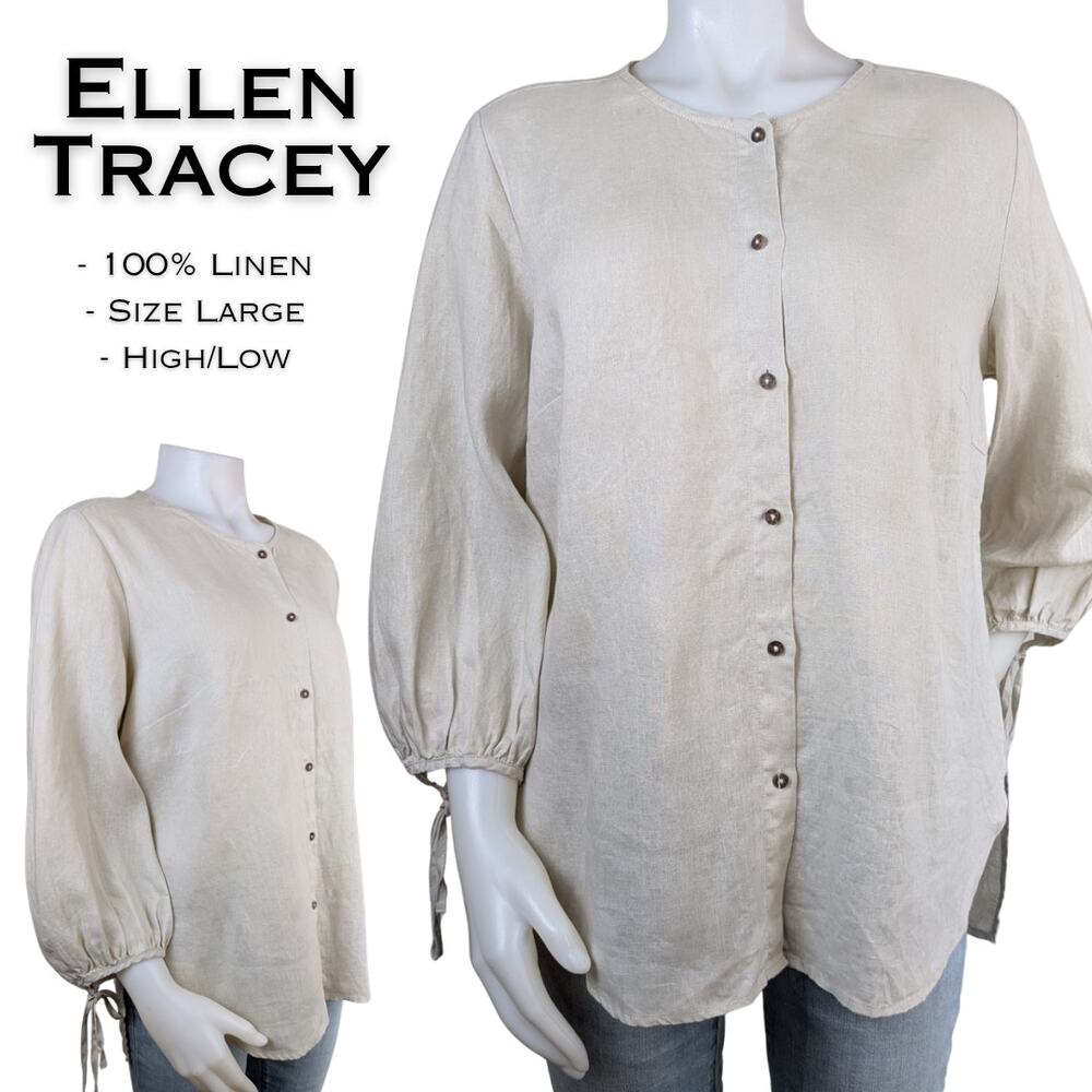Ellen Tracy Linen Blouse Large Beige Button Front 3/4 Balloon Sleeve Tie Cuff